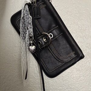 Coach Black Leather Wristlet with Heart Charm